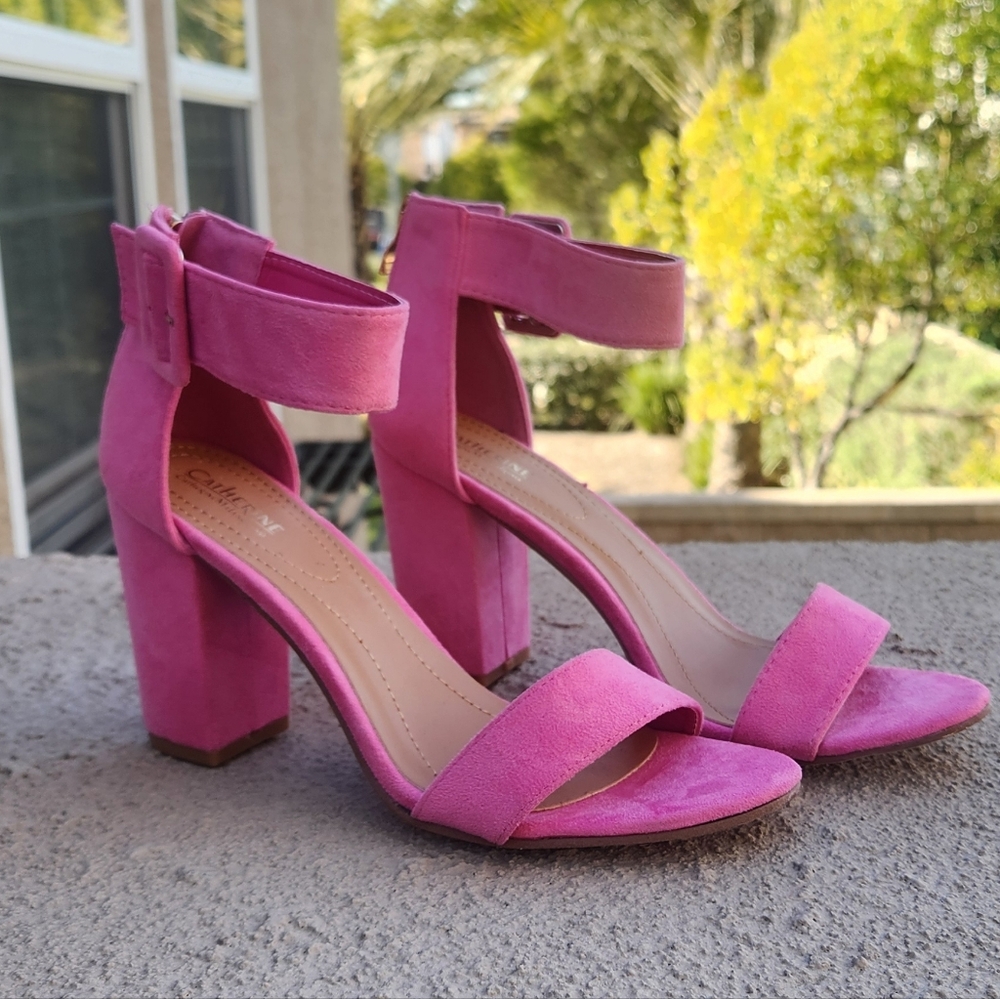 Faux-Suede Pink Block Heel Sandals with Ankle Strap